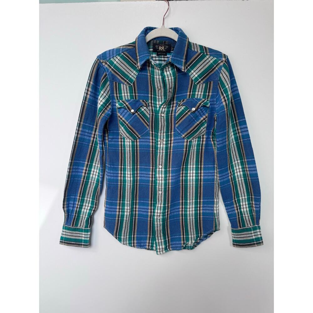 RRL Ralph Lauren Plaid Western Snap Button Flannel Shirt Blue Green XS concho